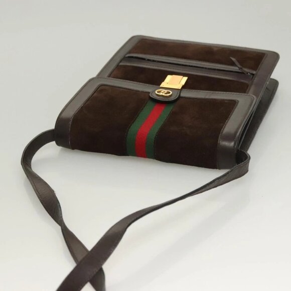 GUCCI GG Canvas Web Sherry Line Bag Suede Leather Dark Brown gold Auth - Picture 5 of 16